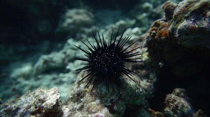Obraz premium Underwater view of a black sea urchin on a coral reef ecosystem