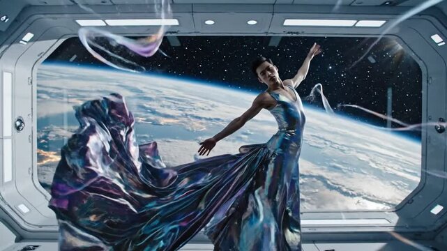 Woman in iridescent dress floating in futuristic spaceship above Earth