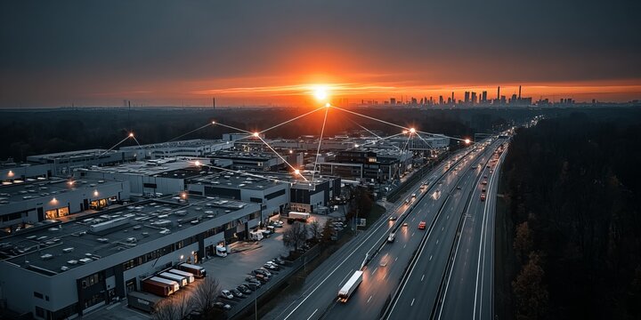 Smart industrial park with connected warehouses and highway traffic at sunset representing digital logistics