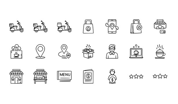 Food delivery line icon set online food app symbols editable stroke pixel perfect 64x64 vector collection