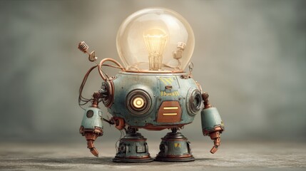 Fototapeta premium Vintage robot with glowing lightbulb head on textured surface