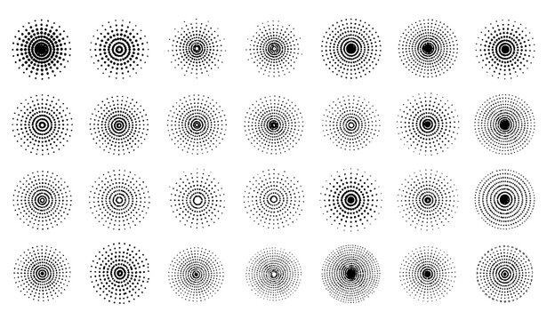 Halftone dot pattern vector set with gradient radial and circular design elements isolated on white