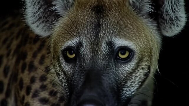 Intense close-up portrait of a spotted hyena with piercing yellow eyes in darkness