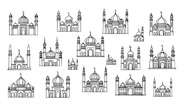 Islamic mosque icon set with dome minaret crescent symbols minimal line vector collection