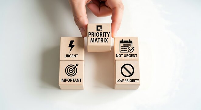 Hand placing a wooden block labeled 'Priority Matrix' on top of other blocks representing urgent, important, not urgent, and low priority tasks.