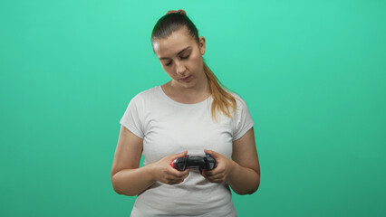 Woman holding gamepad with hands, playing controller and tilting head in studio  concentration leisure. © Krakenimages.com