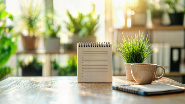 Minimalist desk setup with blank calendar coffee cup and potted plant on wooden table in bright office