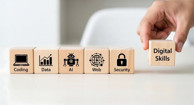 Hand placing a wooden block labeled 'Digital Skills' next to blocks representing coding, data, AI, web, and security.