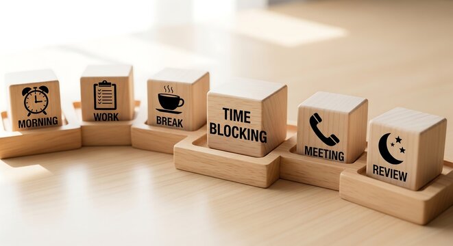 Wooden blocks illustrating a time blocking schedule with icons for morning, work, break, time blocking, meetings, and review.