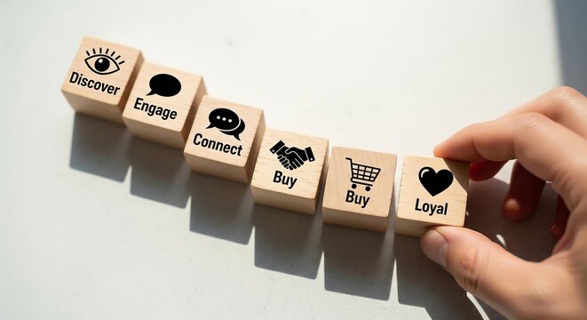 Customer journey visualized with wooden blocks showing stages from discover to loyal, with a hand placing the final block.