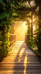 Obraz premium Serene Wooden Walkway Surrounded by Lush Greenery and Light