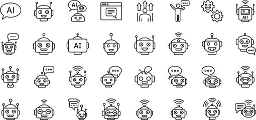 Obraz premium Collection of white line icons on a transparent background representing robots and artificial intelligence.