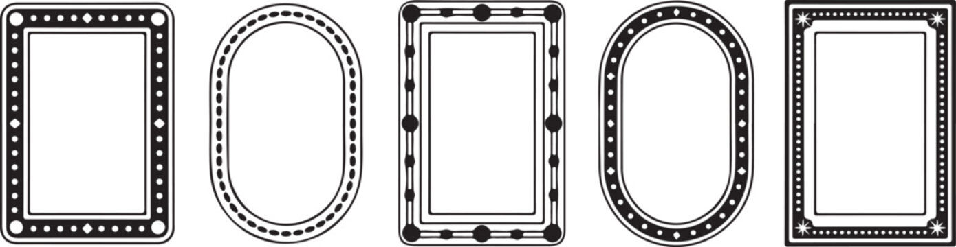 Elegant vector frames with various shapes and decorative elements like dots and lines on transparent background.