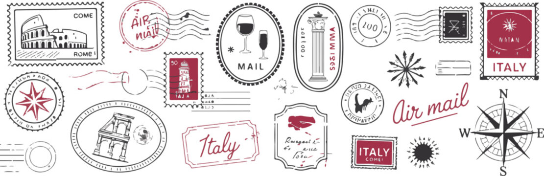 Vintage italian travel stamps vector set with famous landmarks and air mail postmarks on transparent background.