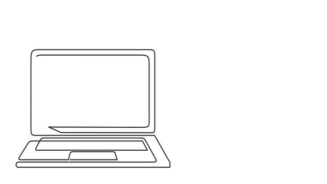 Animated self drawing of continuous line draw of laptop with some people on screen and speech bubble. learning or meeting online with teleconference. Full length one line animation. 4K