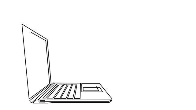 Animated self drawing of continuous line draw of laptop with some people on screen and speech bubble. learning or meeting online with teleconference. Full length one line animation. 4K