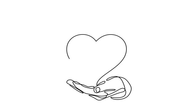 Animated self drawing of continuous line draw of hands holding a newborn baby. Concept of protect child, save child.International midwives day.  Full length one line animation. 4K