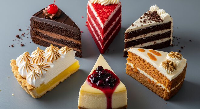 Assorted cake slices on a gray background with colorful toppings and textures
