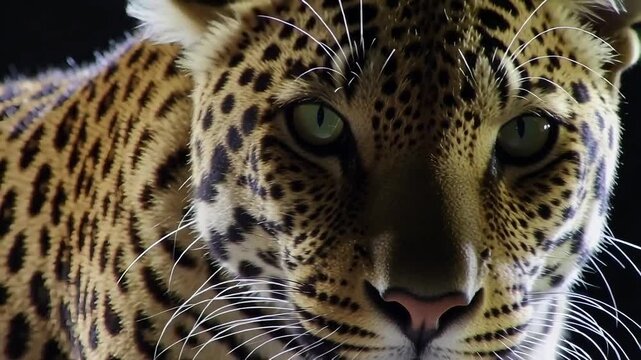 Intense gaze of a leopard with striking green eyes, capturing its wild beauty and power.