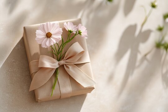 Kraft paper wrapped gift box with a beige ribbon and fresh pink cosmos flowers in natural dappled sunlight.
