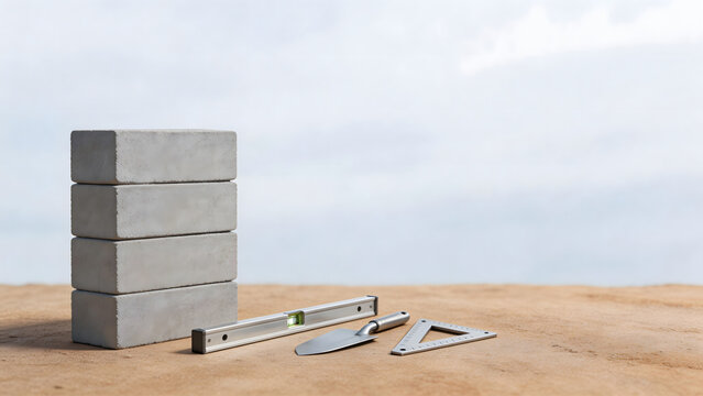 Stack of bricks and construction tools