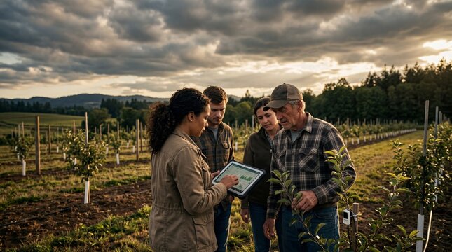 Professional Farmers Using Digital Tablet for Data Analysis in Orchard