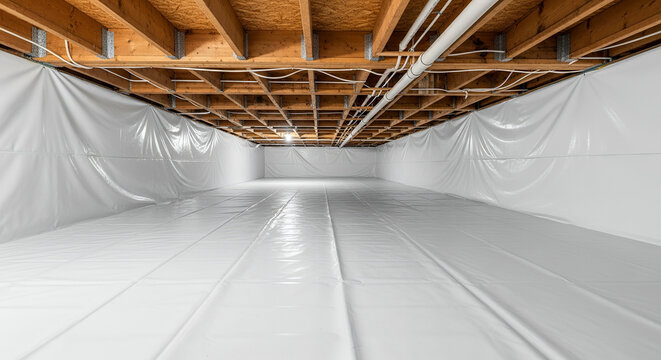 Empty basement with white plastic lining, bright lighting, and clean surfaces