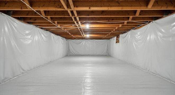 Empty basement with white plastic lining, bright lighting, and clean surfaces