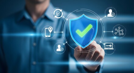 Fototapeta premium Digital security concept man interacting with a futuristic shield interface
