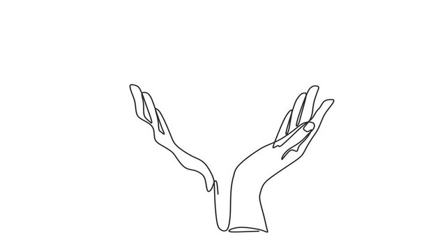 Animated self drawing of continuous line draw of hands holding a newborn baby. Concept of protect child, save child.International midwives day.  Full length one line animation. 4K