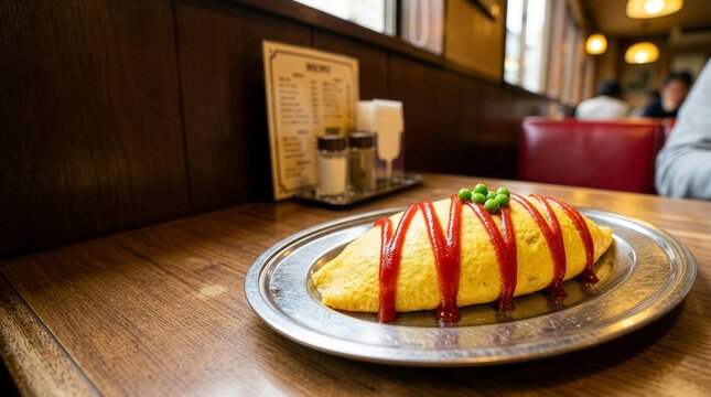 Retro Japanese Omurice Omelet Rice with Ketchup on Silver Plate in Vintage Cafe with Negative Space