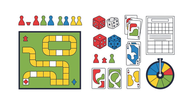 Colorful Board Game Setup Featuring Pawns Dice Cards and Spinner.