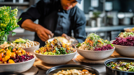 Obraz premium Chef plating healthy lunch bowls beside meal prep containers in a cafe kitchen for balanced midday meals