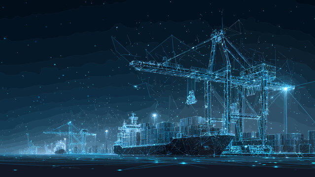 Cargo ship sits docked at a bustling harbor rendered in an intricate glowing blue wireframe style under a dark night sky.