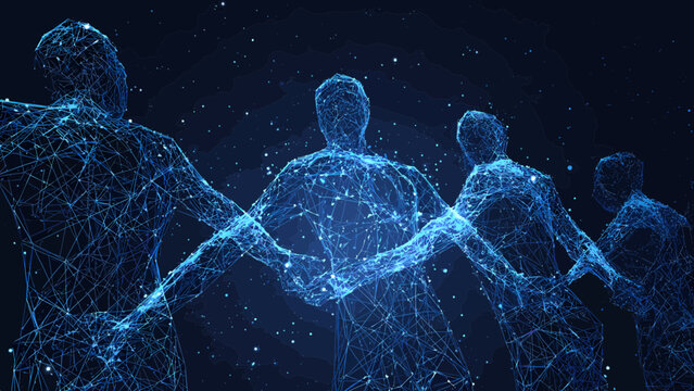 Digital human collaboration concept with 3D network connections in dark blue