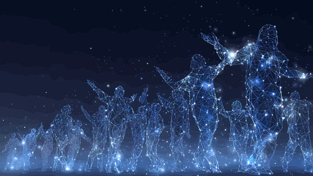 People silhouettes form a collective group represented by a glowing blue constellations network against a deep dark background.