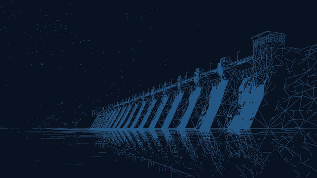 A digital 3D concept illustration of a hydropower dam structure in dark blue tones