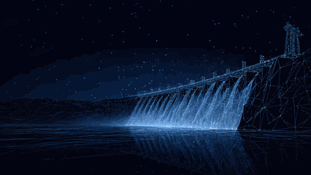 A cartoonish nighttime scene depicts a doodle-style dam with water flowing over it.