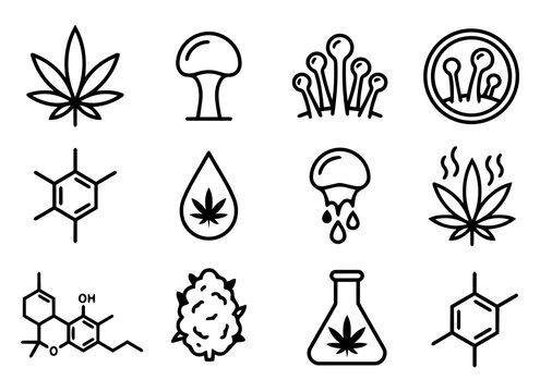Cannabis Trichomes Terpenes Icon Set &ndash; Marijuana Leaf Molecule Bud and Scientific Vector Icons
