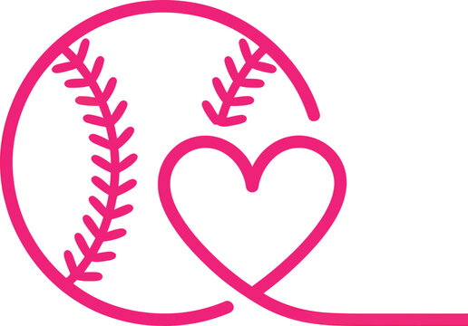 Pink baseball heart icon, sports love symbol, vector illustration