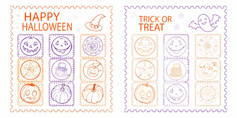 Two halloween postage stamps with spooky sketches and festive greetings © Piku