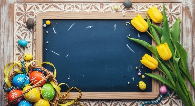 Easter still life with chalkboard and spring tulips