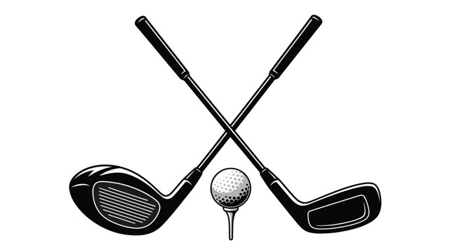 Vector illustration of crossed golf clubs and golf ball on tee vintage illustration