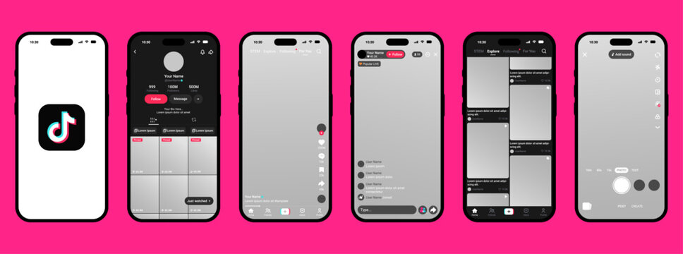 TikTok mobile app UI UX interface smartphone screen mockup short video feed, TikTok live streaming profile, comment, like, share button. Social media application layout template