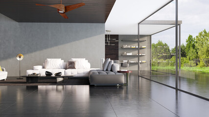 Obraz premium 3D render, illustration Luxury modern living room interior, realistic lighting, wide angle, contemporary furniture, clean lines, minimalist decor, elegant home design, large window
