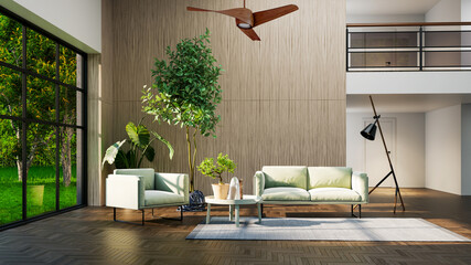 Obraz premium 3D render, illustration Luxury modern living room interior, realistic lighting, wide angle, contemporary furniture, clean lines, minimalist decor, elegant home design, large window
