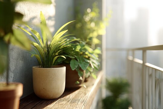 Urban balcony garden with potted plants and soft morning light.