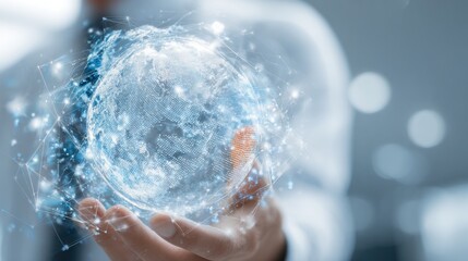 Fototapeta premium Person holding a digital globe network with connections and light
