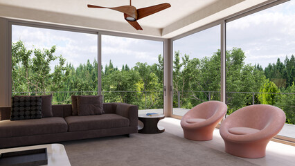 Naklejka premium 3D render, illustration Luxury modern living room interior, realistic lighting, wide angle, contemporary furniture, clean lines, minimalist decor, elegant home design, large window