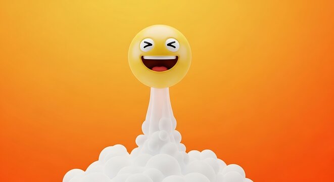 Animated yellow emoji with joyful expression rising from cloud-like smoke on vibrant orange background
